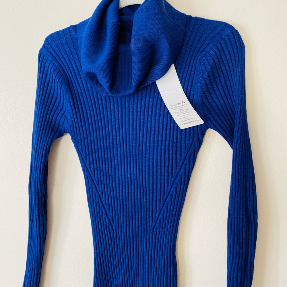 V28 ribbed knit blue long sleeve cowl neck fitted pull on mini sweater dress - Picture 7 of 7
